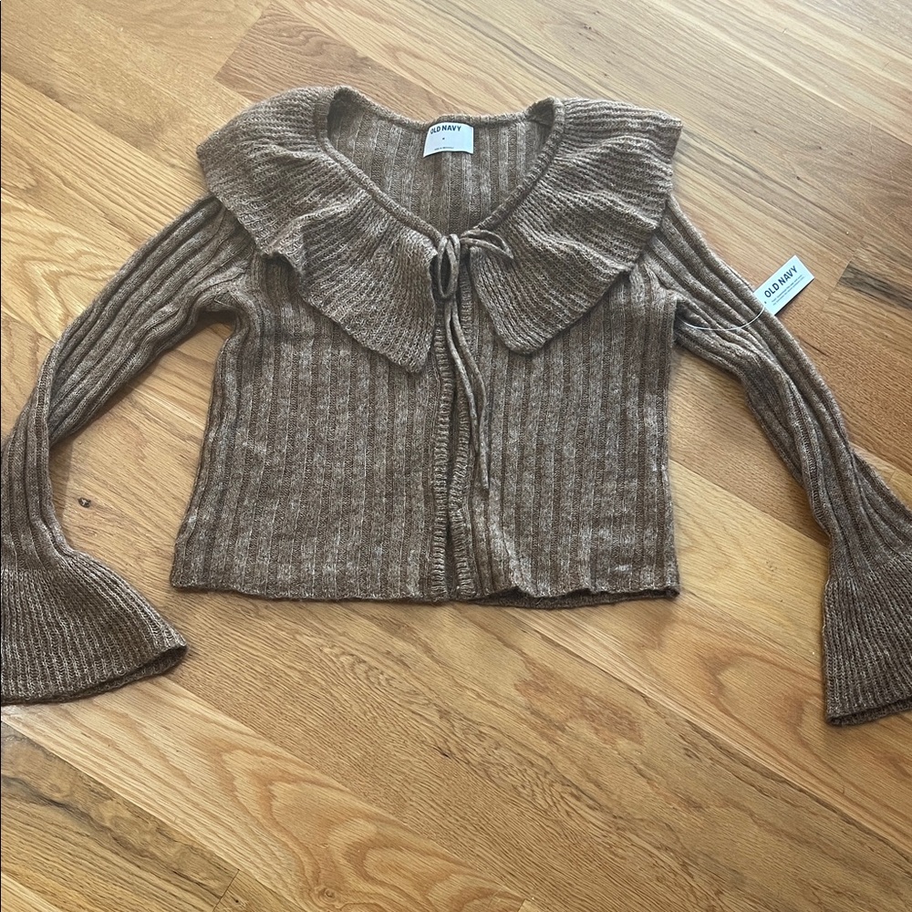 Old Navy Brown Ribbed Cardigan with Ruffle Collar